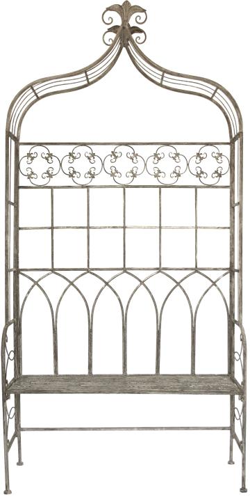 Rosige Zeiten: Gartenbank mit Rosenbogen, Me­tall, klappbar, 103 x 210 x 43 cm, 179 Euro.