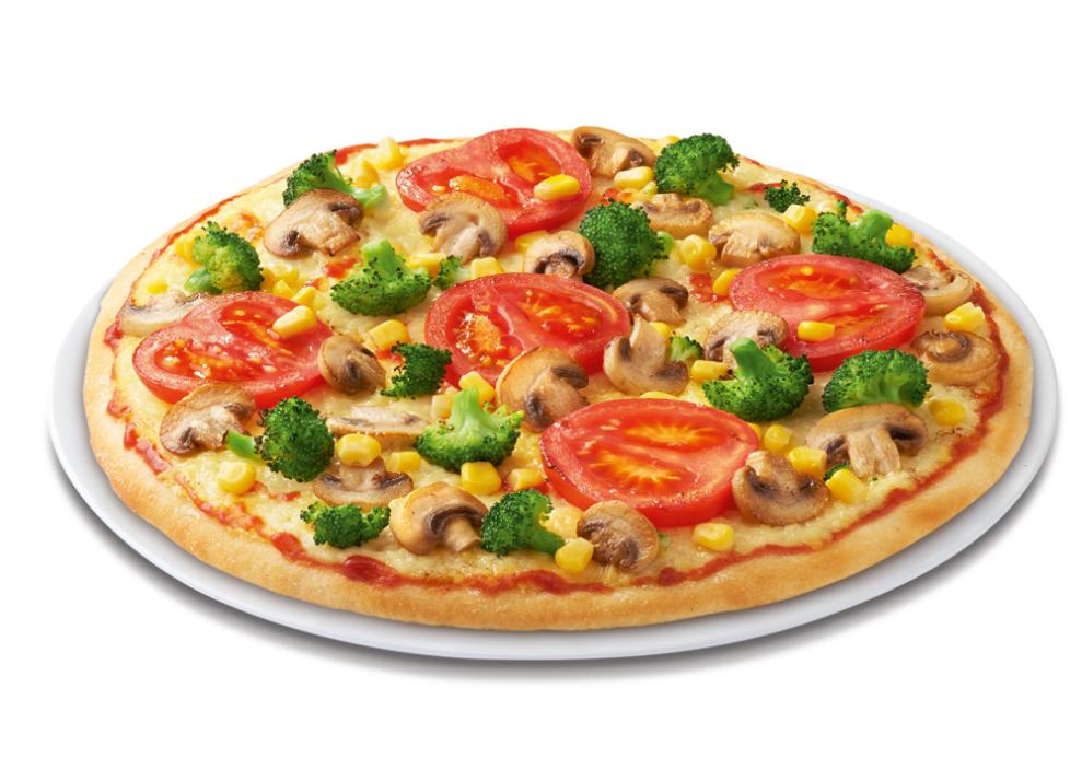 Pizza VEGAN Kap Verde mit Tomaten-Sauce, veganem Pizzaschmelz, frischen Tomaten, Broccoli, frischen Champignons und Mais