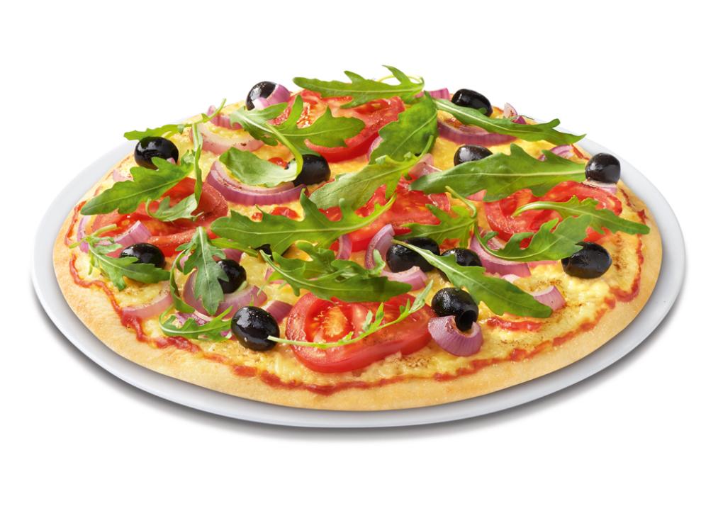Pizza VEGAN Vasilios mit Tomaten-Sauce, veganem Pizzaschmelz, frischen Tomaten, roten Zwiebeln, Oliven und frischem Rucola