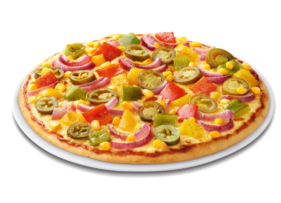 Pizza VEGAN Venezuela mit Barbecue-Sauce, veganem Pizzaschmelz, roten Zwiebeln, frischer Paprika, Jalapeños und Mais