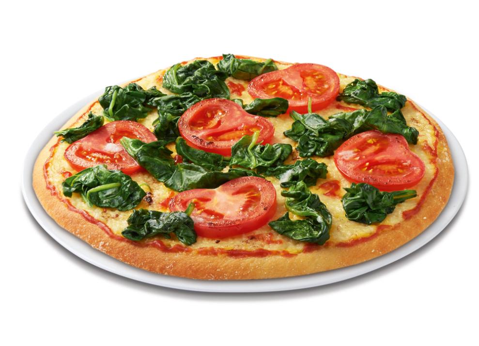 Pizza VEGAN Ventura mit Tomaten-Sauce, veganem Pizzaschmelz, frischen Tomaten, Spinat und frischem Knoblauch