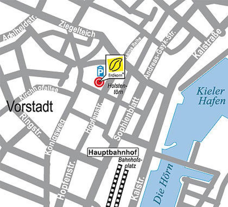 Das Erdkorn liegt ganz zentral in der Kieler Innenstadt