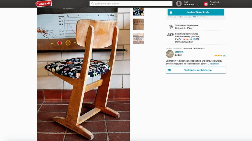 Am Ende hat mein Stuhl es nicht nur in die Ausstellungsfläche von Stattfein, sondern auch in den DaWanda-Shop geschafft