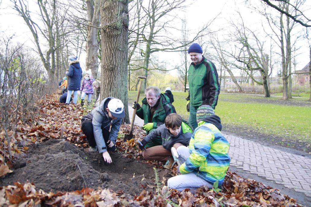 Schützenpark: gemeinsam mit den Schülern der 5c setzen die Schützenparkhelfer Brigitta Dutz und Wolfgang Enge Narzissen