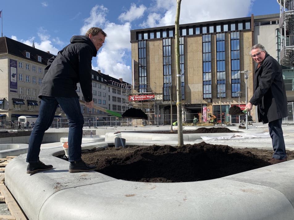 Oberbürgermeister Ulf Kämpfer pflanzt zusammen mit Wolfgang Erichsen (v. li.) den ersten Baum am Kleinen-Kiel-Kanal 