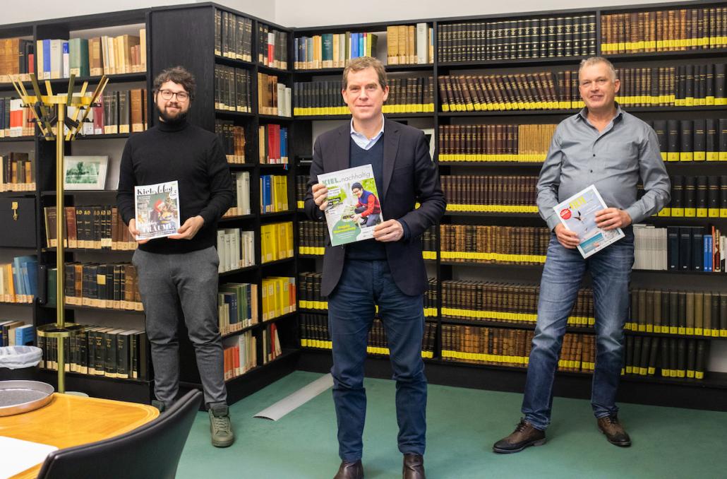 Drei für Kiel: KIELerleben-Redakteur Sebastian Schulten, Oberbürgermeister 
Dr. Ulf Kämpfer und falkemedia Regionalmedien Geschäftsführer 
Jörg Stoeckicht (v.l.n.r.)-