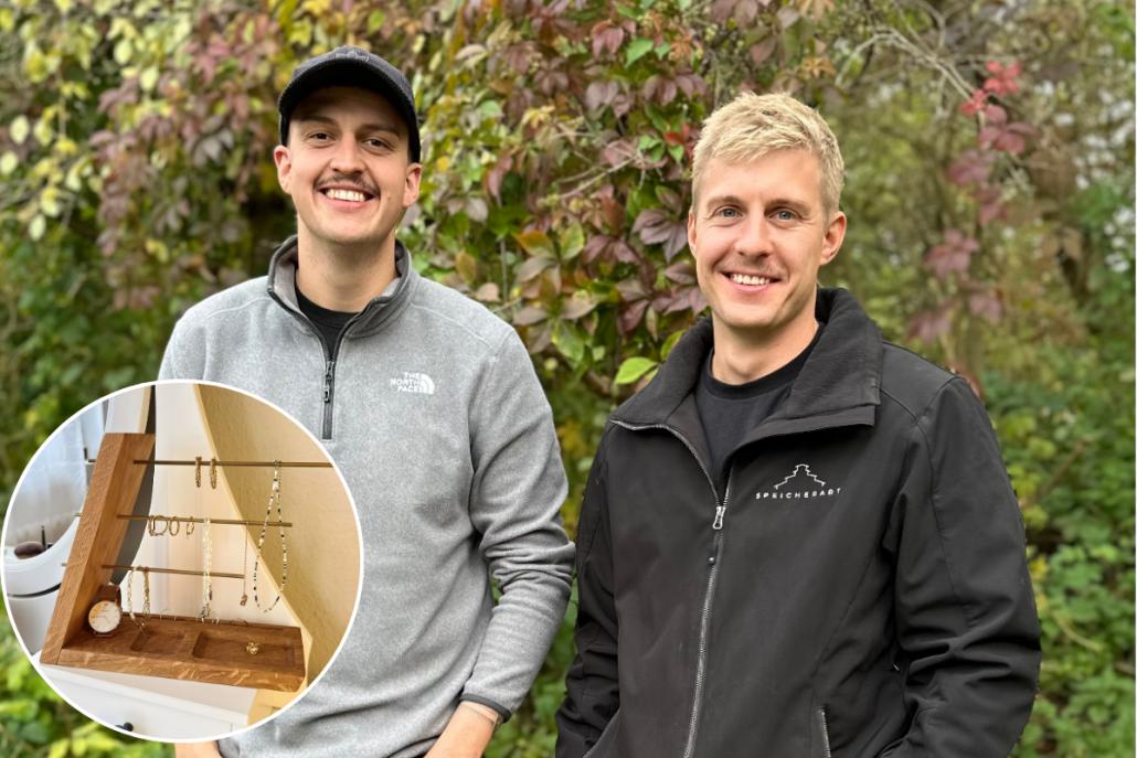 Fynn Kuhlemann (l.) und Knud Röder produzierten einzigartige Werkstücke aus Holz für dein Zuhause.